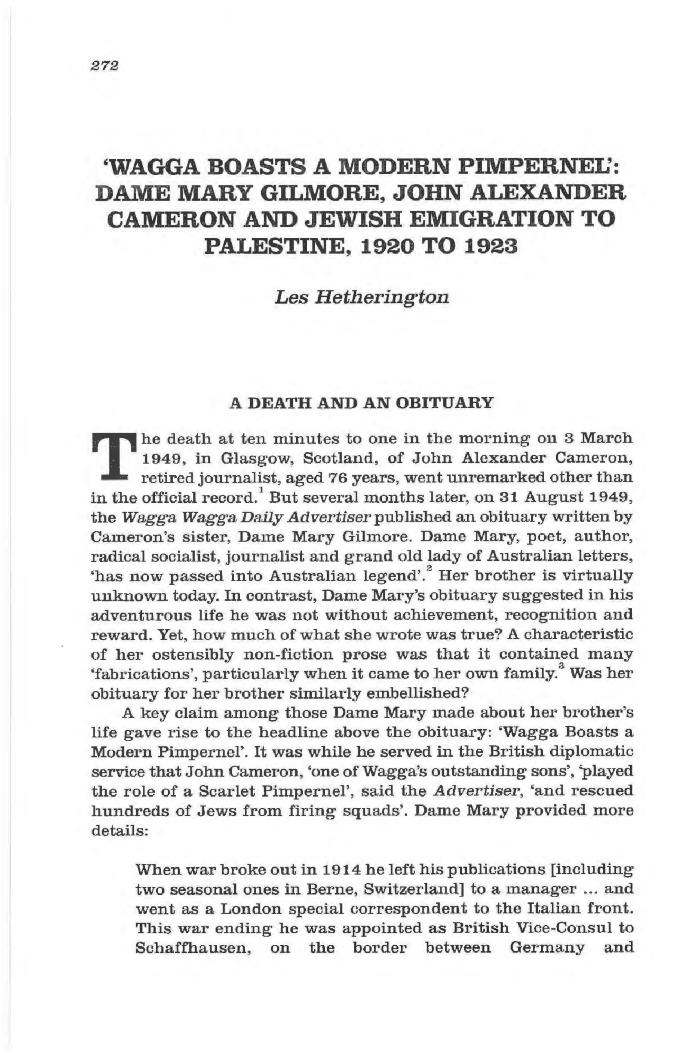 'Wagga boasts a modern pimpernel': Dame Mary Gilmore, John Alexander Cameron, and Jewish emigration to Palestine, 1920 to 1923