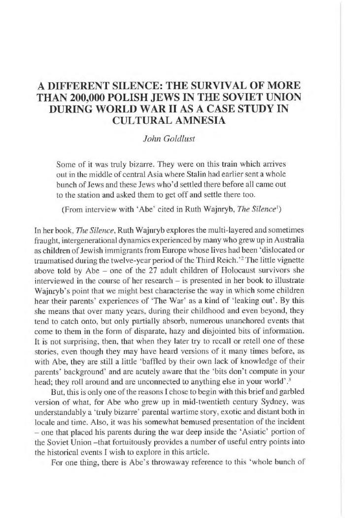 A different silence: the survival of more than 200, 000 Polish Jews in the Soviet Union during Word War II as a case study in cultural amnesia