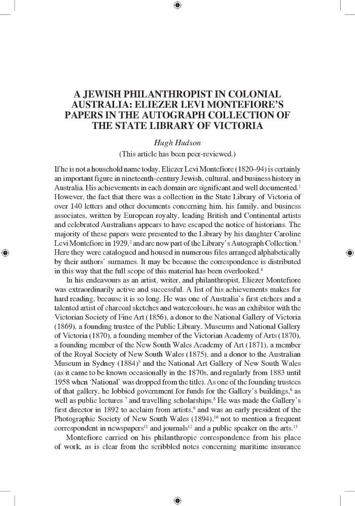 A Jewish philanthropist in colonial Australia: Eliezer Levi Montefiore's papers in the Autograph collection of the State Library of Victoria