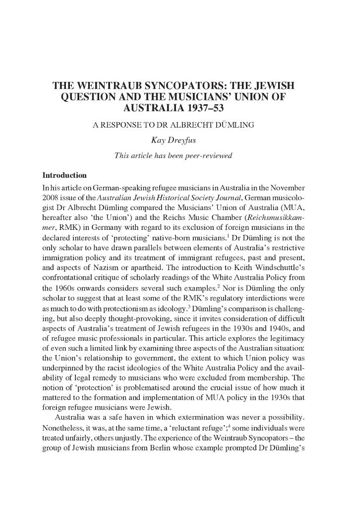 The Weintraub Syncopators: the Jewish question and the Musicians' Union of Australia, 1937-1953