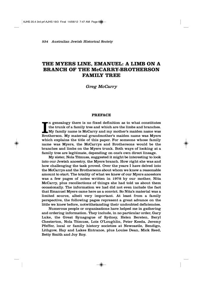 The Myers line, Emanuel: a limb on a branch of the McCarry-brotherson family tree