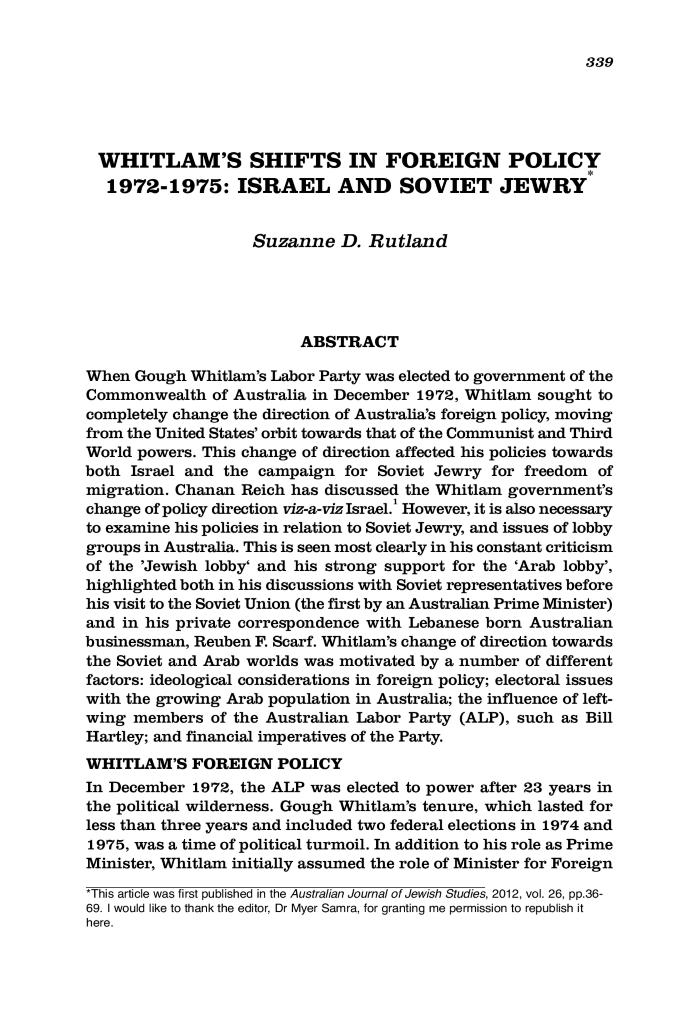 Whitlam's shifts in foreign policy 1972-1975: Israel and Soviet Jewry