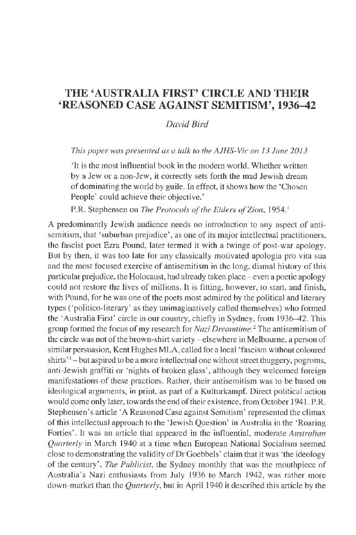 The 'Australia First' circle and their 'reasoned case against Semitism', 1936-42