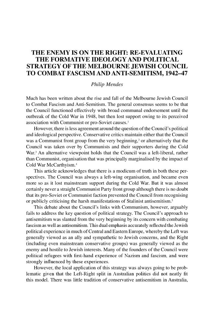 The enemy is on the right: re-evaluating the formative ideology and political strategy of the Melbourne Jewish Council to Combat Fascism and antisemitism, 1942-47