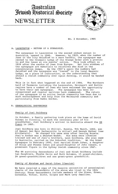 AJHS Newsletter, November 1985
